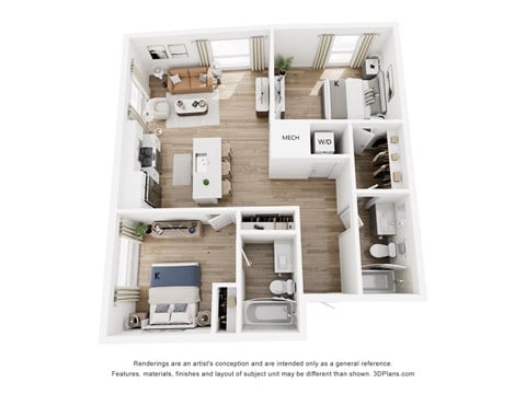 Floor plan for 2 beds, 2 baths, 934 sqft